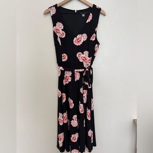 Tommy Hilfiger Black Sleeveless Midi Dress Pink Floral Print Size 12 V Neck